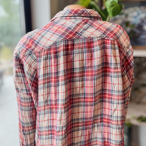 Free People Juniper Ridge Plaid Button Down Shirt w/ Raw Hem, Women's Large - Picture 4 of 15
